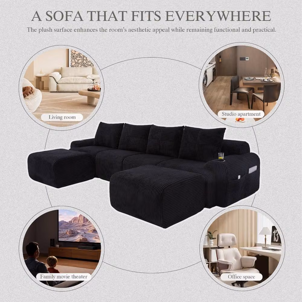 Rolipo 4-Seater Black Corduroy Modular U-Shape Sofa with Matching Ottomans and Cup Holders – 7