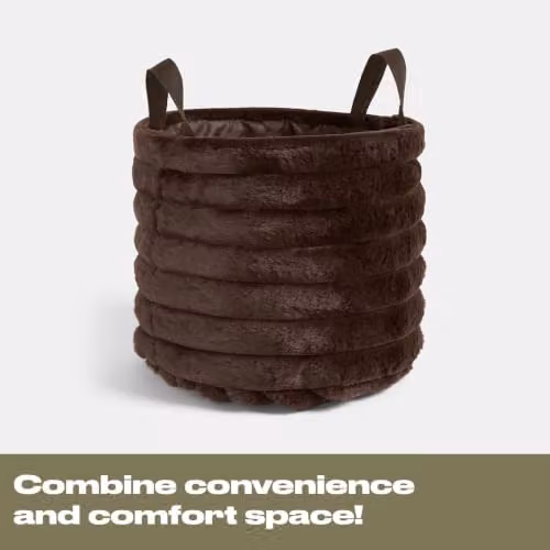 OHS Small Ribbed Faux Fur Storage Basket with Handles, Brown, W/D/H: 26.0 x 26.0 x 30.0 cm – 5