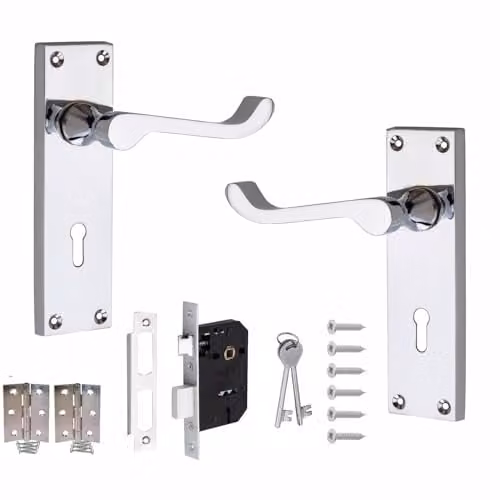 Golden Grace Victorian Scroll Door Handles Lock Pack in Silver Polished Chrome