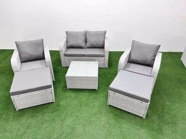 Fimous 6 Seater Grey PE Wicker Rattan Garden Furniture Set with Upholstered Cushions, 2 Seater Sofa, Armchair, Coffee Table and 2 Ottomans