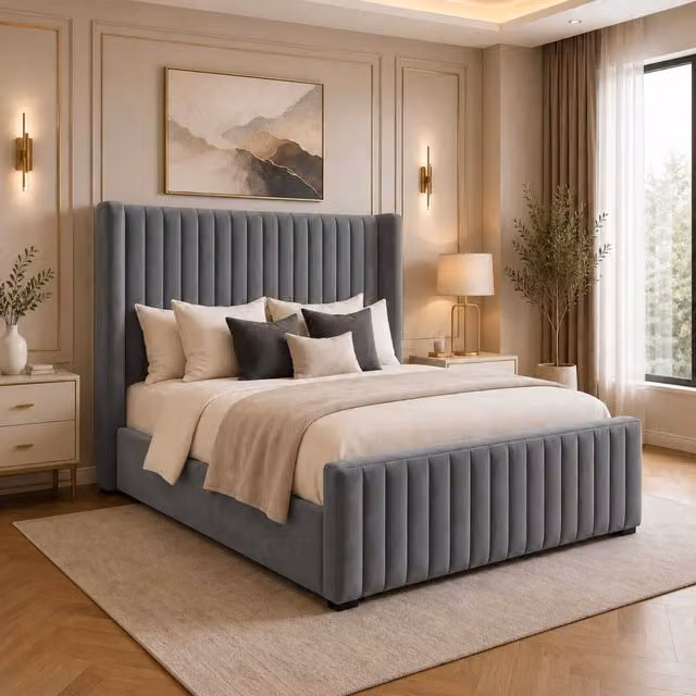 Bellora Upholstered Bed with Tall Headboard and Footboard in Grey or Cream