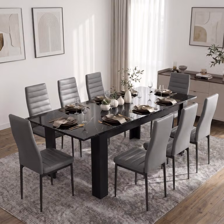 DHS Milo Extendable 8 Seater Dining Table and Chair Set in Black, Grey and White Marble Effect