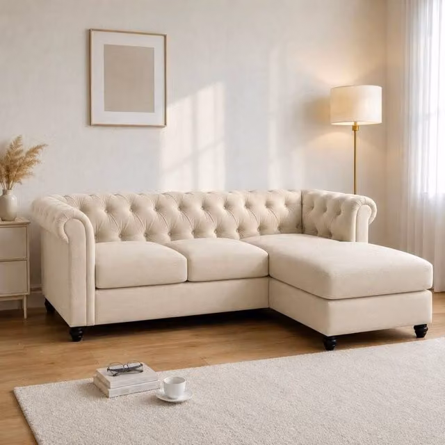 Sofaya Hampton 3 Seater L Shape Chesterfield Sofa in Beige Velvet with Right Hand Chaise