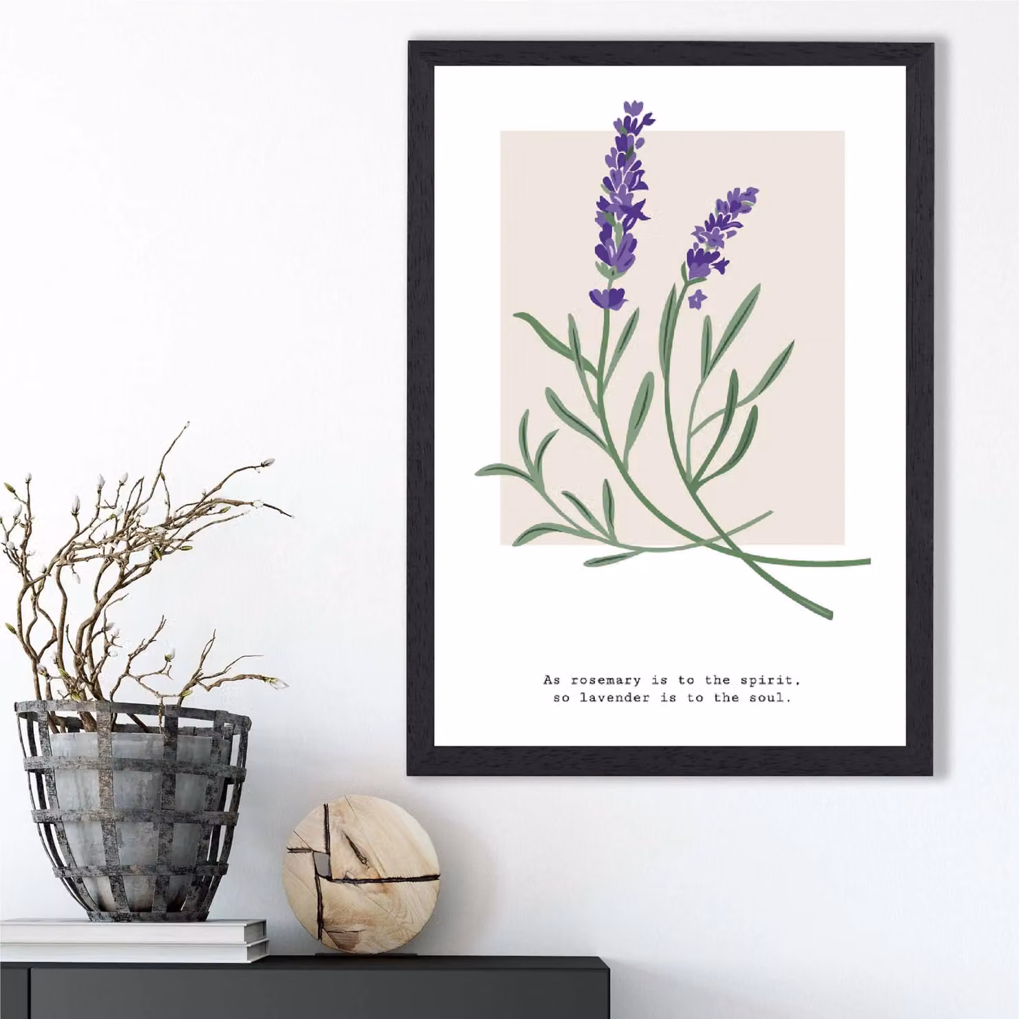 ARTZE Lavender Plant and Quote Flower Market Simplicity Framed Print, Purple and Black, A4 – 2