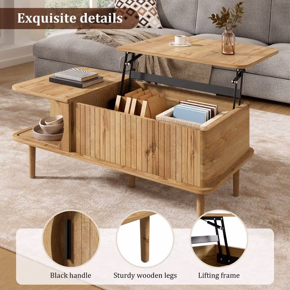 Merax Modern Scandinavian Lift Top Coffee Table with Sliding Door Storage in Brown – 3