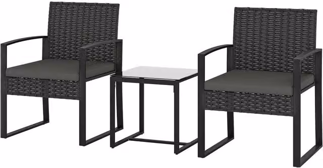 Outsunny 3 Piece Grey Polyrattan Bistro Set with Glass Top for Garden, Balcony or Terrace – 7