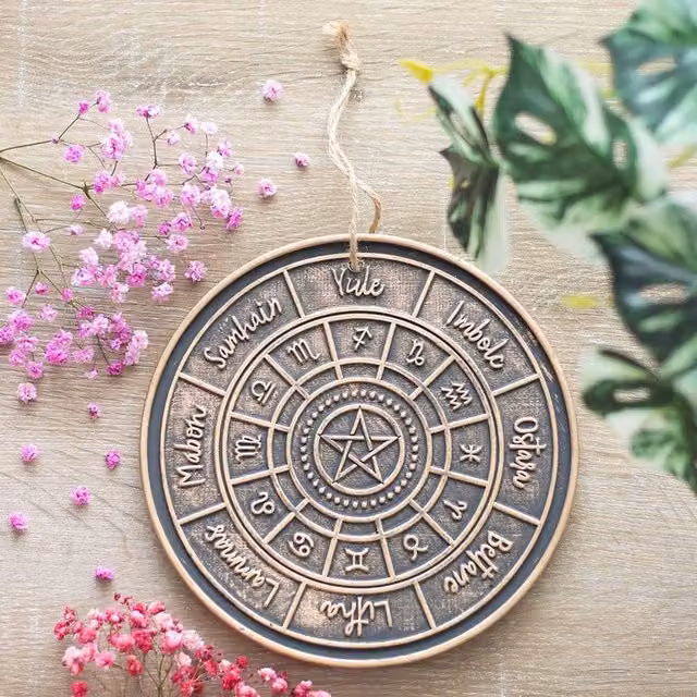 Uniqueful Bronze Wheel of the Year Hanging Ceramic Mandala Wall Plaque