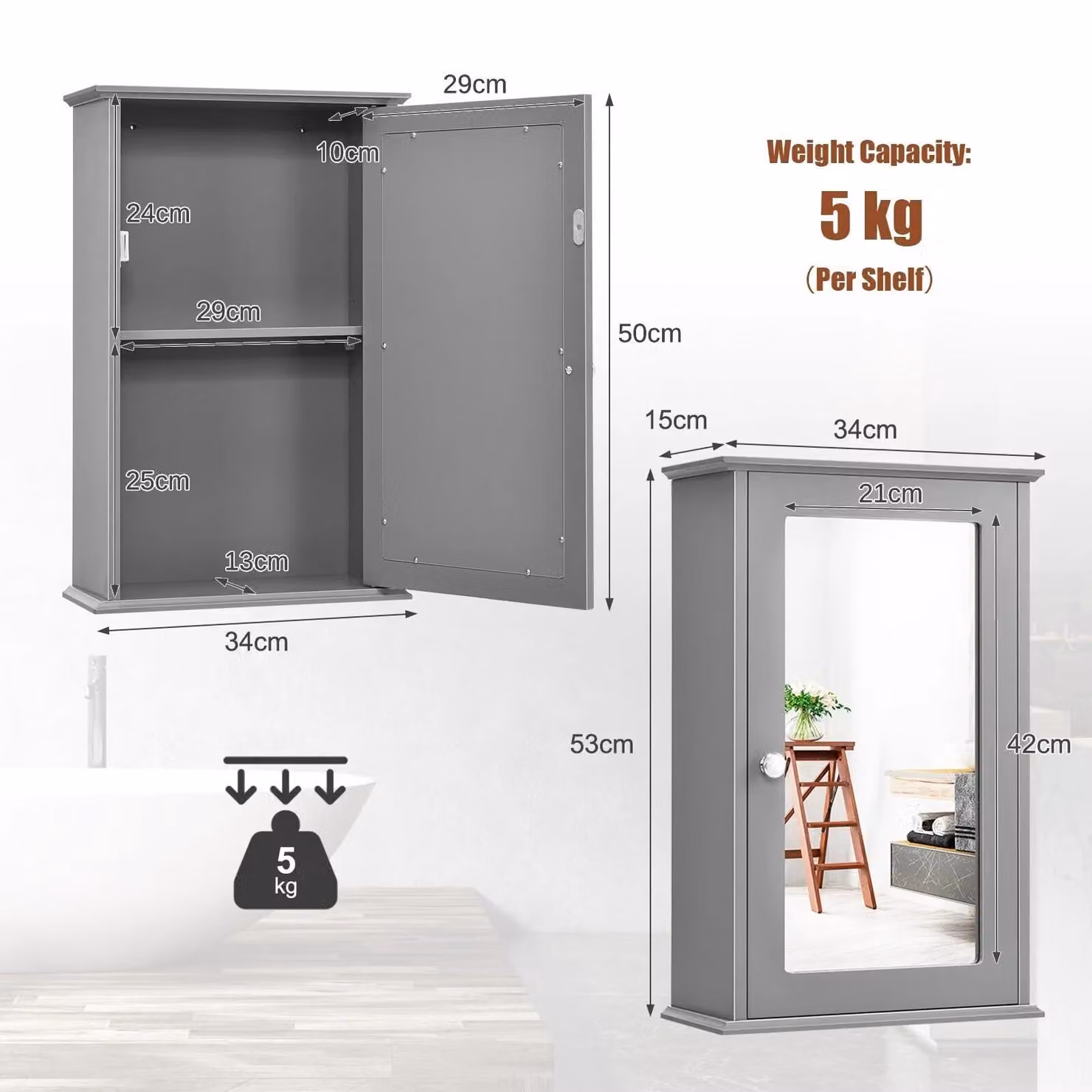 Costway Grey Wall Mounted Mirrored Bathroom Medicine Cabinet with Internal Shelves and Hinged Glass Doors – 2