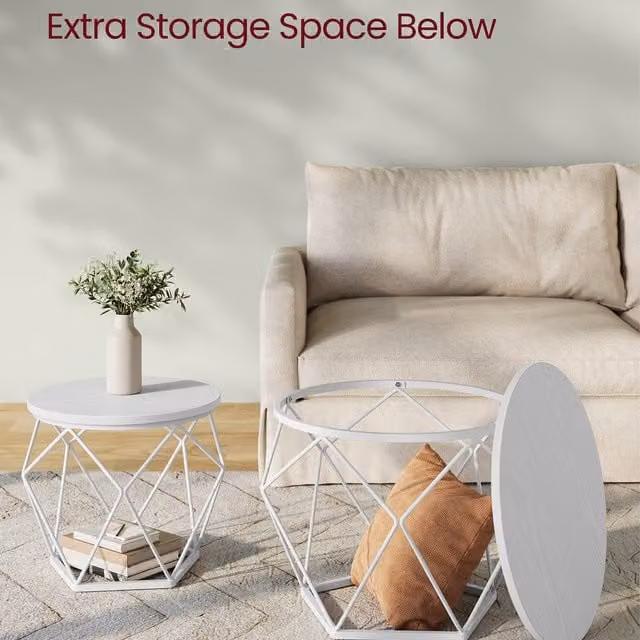 VASAGLE Set of 2 Round Nesting Coffee and Side Tables in Snow White and Cloud White