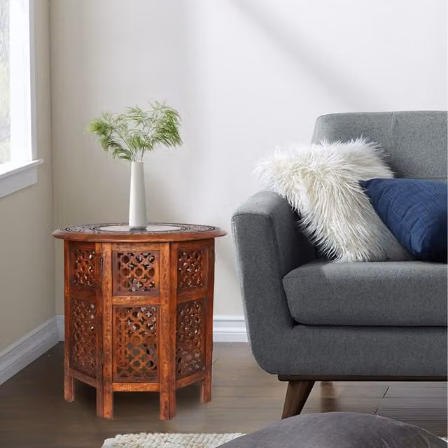 Topfurnishing Round Carved Wooden Coffee, Bedside or End Table in Red and Brown, Diameter: 54 cm