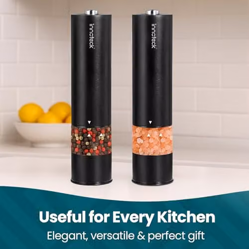 Innoteck Electric Salt and Pepper Mill Set with Ceramic Grinder and Integrated Light, Battery-Operated, Black – 8