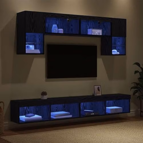 vidaXL Modern 6-Piece Black Oak TV Wall Unit with Integrated LED Lighting and Hinged Doors – 2