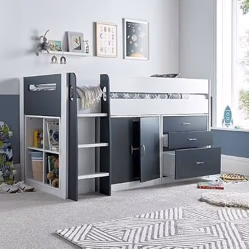 Bedmaster Lacy Kids Mid Sleeper Storage Bed with Spring Mattress in Grey and White, W/D/H: 190 x 90 x 142 cm