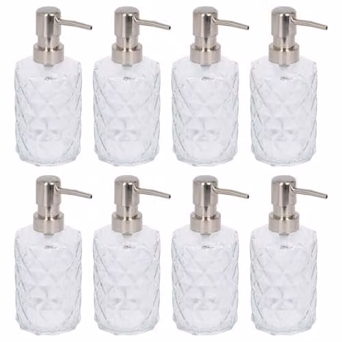 Harbour Housewares Prism Glass Soap Dispensers, Pack of 8, 330ml Transparent Refillable Bottles with Pumps – 1