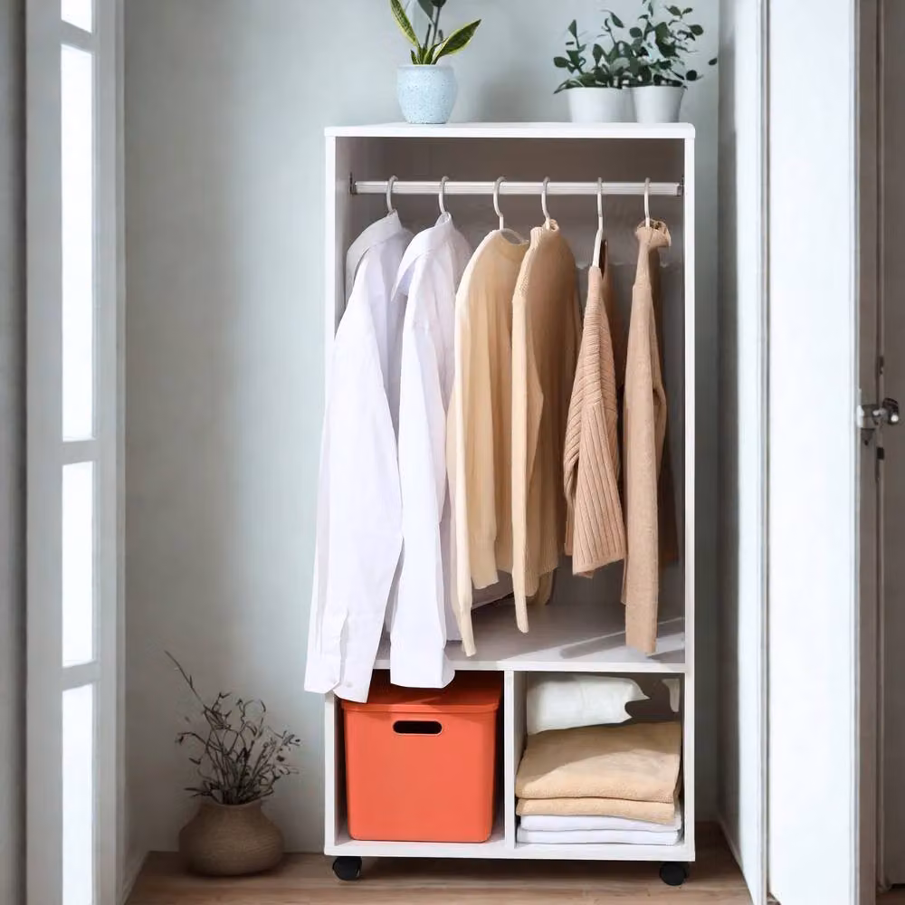 Pirlo Plush Open Wardrobe Clothes Rail with Storage Shelves and Wheels, White, W/D/H: 128 x 40 x 40 cm – 3