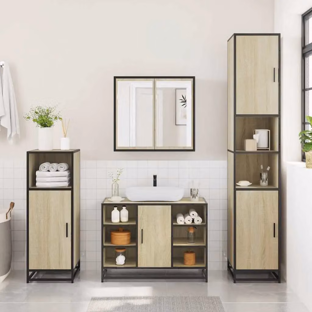 Berkfield Home 3 Piece Industrial Bathroom Furniture Set in Brown Sonoma Oak Engineered Wood – 3