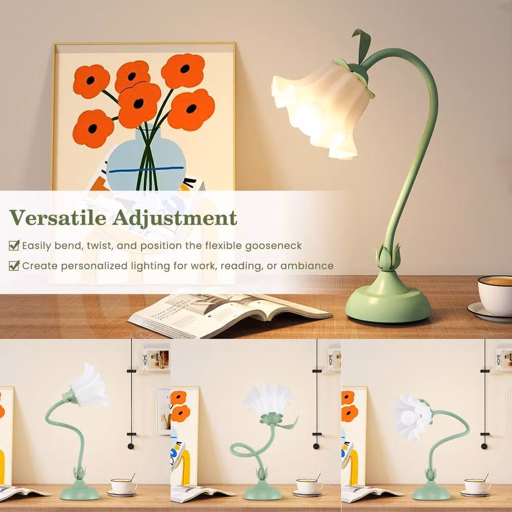 Gymax Green Nightstand Lamp with Lily of the Valley Decorative Lampshade and Adjustable Metal Base – 5
