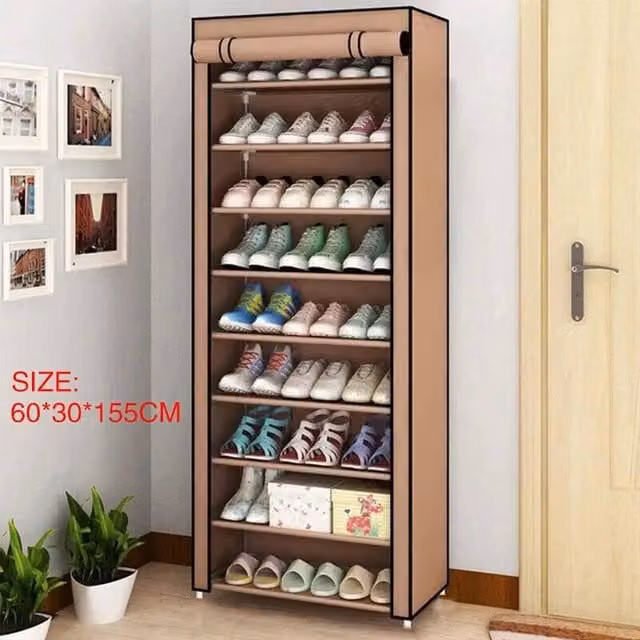 PAWNORA 10 Tier Dustproof Shoe Cabinet with Roll Shutter, Brown, H 155.0 x W 60.0 cm – 1