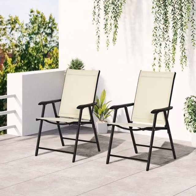 Outsunny Set of 2 Folding Chairs with Metal Frame and Mesh Seats in Beige