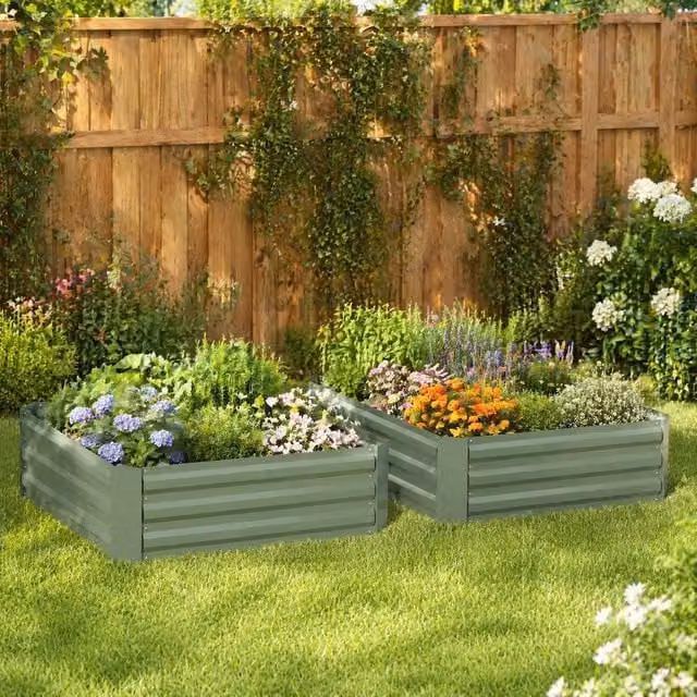 STILVORA Set of 2 Green Steel Raised Garden Beds W/D/H: 100 x 100 x 30 cm