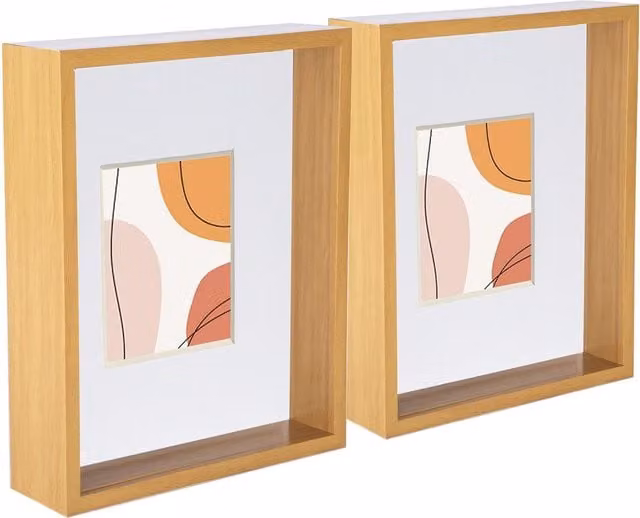 Nicola Spring Pack of 2 Modern Rectangular 3D Deep Box Photo Frames in Light Wood and White with 4 x 6 inch Mount