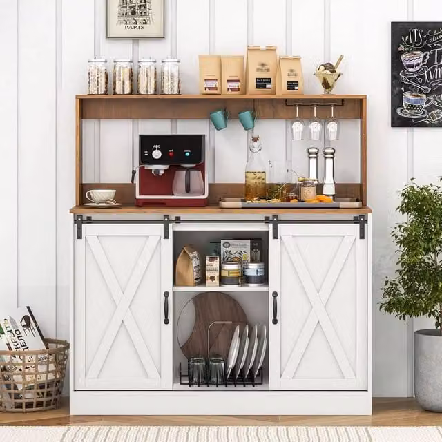 KORVIXA White Farmhouse Coffee Bar Cabinet with Sliding Glass Doors, W: 70 cm, H: 75 cm