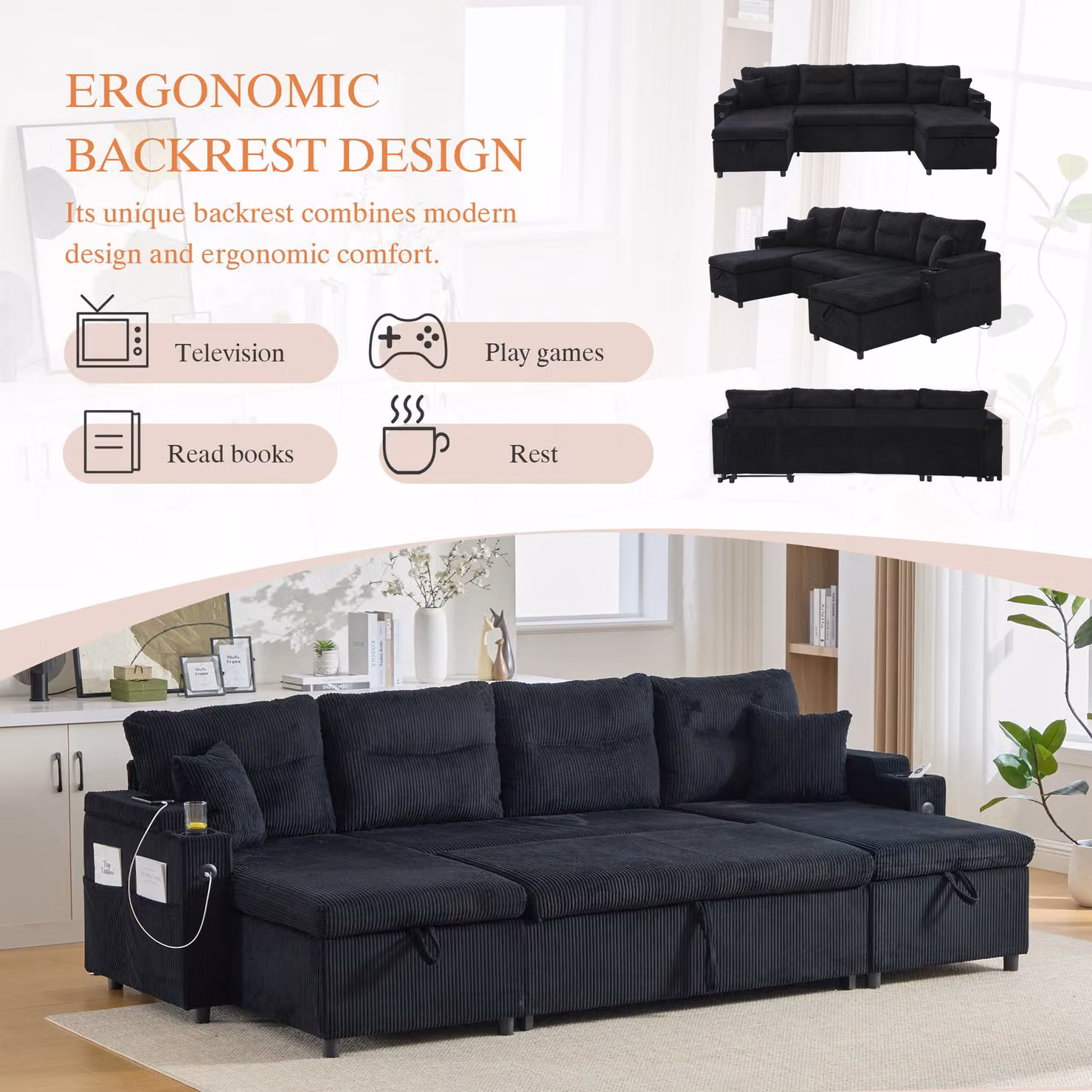 Aosom UK Contemporary 4-Seater U-Shaped Sofa with 2 Chaise Longues in Black Ribbed Corduroy featuring Built-in Cup Holders, USB Charging and Sleeping Function, W: 272 cm, D: 136 cm, H: 86 cm – 7