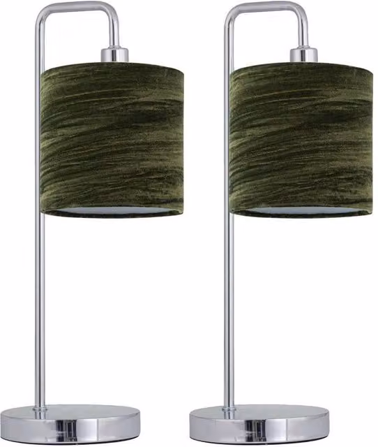 First Choice Lighting Set of 2 Chrome Arched Table Lamps with Green Fabric Shades – 1