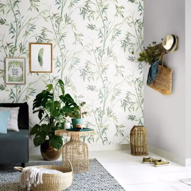 Erismann Botanical Green and White Floral Textile Wallpaper