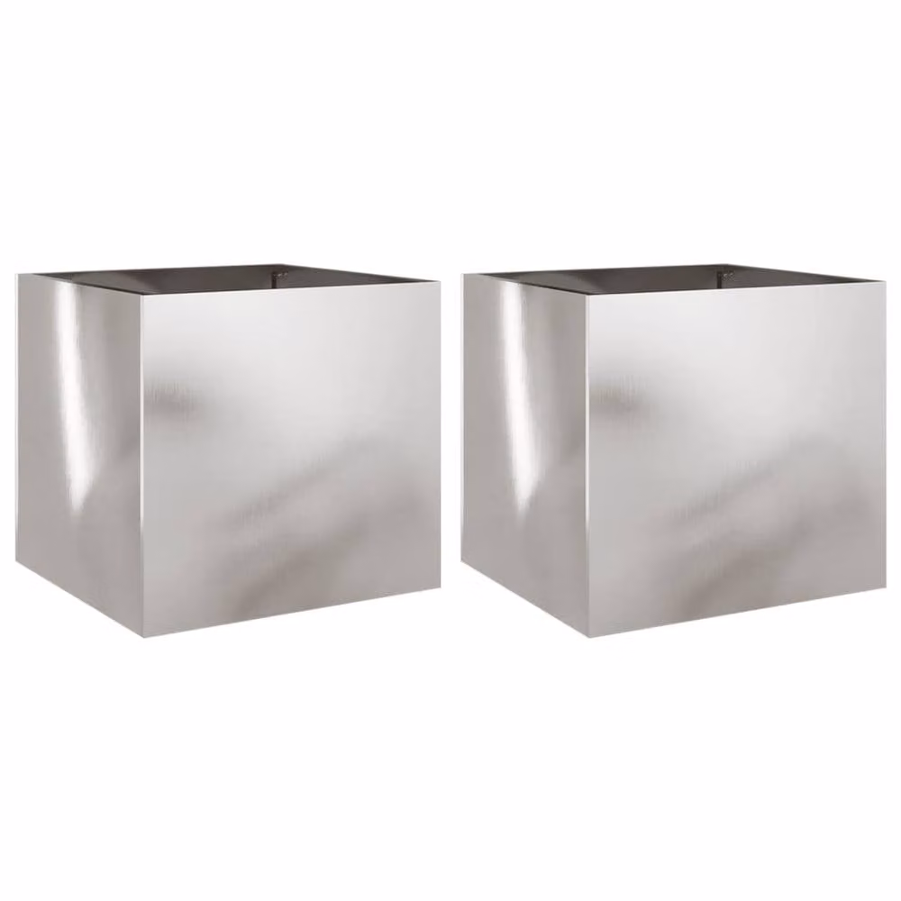 Berkfield Home Stainless Steel Silver Planter Tub, 2 Pack, W: 42 cm, D: 40 cm, H: 39 cm – 2