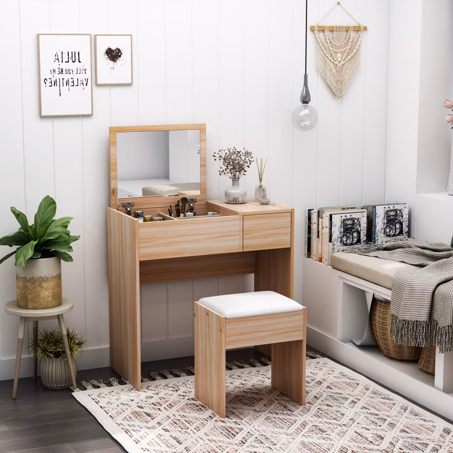 HOMCOM Dressing Table Set with Cushioned Stool and Flip-up Mirror in Brown Wood Grain Finish – 2