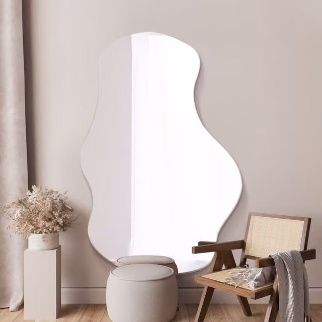 MirrorOutlet Modern Frameless Organic Pond Wall Mirror in Silver and Black