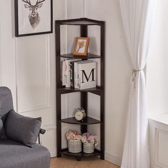 Livingandhome Modern 5-Shelf Corner Ladder Bookcase in Coffee