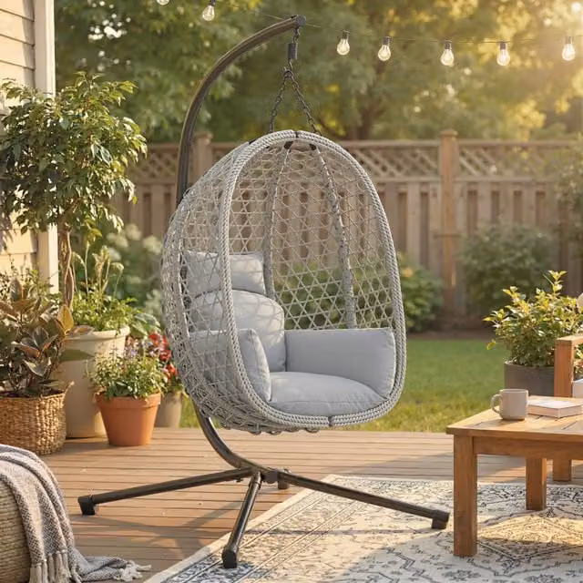 Outsunny Modern Rattan Hanging Egg Chair with Stand in Light Grey