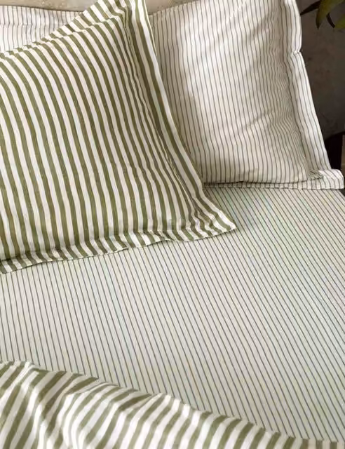 YARD Hebden Striped Pure Cotton Fitted Sheet, Olive Green, W: 180 cm, D: 200 cm