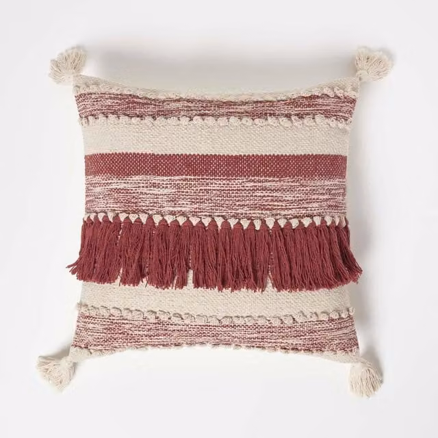 Homescapes Zadar Red Ethnic Striped Square Cotton and Wool Cushion