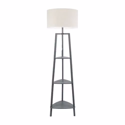 ValueLights Grey Wooden 3 Tier Shelf Floor Lamp with White Fabric Drum Shade and Included LED Bulb – 1