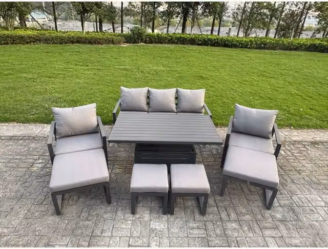 Fimous 9-Seater Aluminium Garden Sofa Set with Height-Adjustable Lifting Table, 2 Chairs and 4 Footstools in Matt Dark Grey
