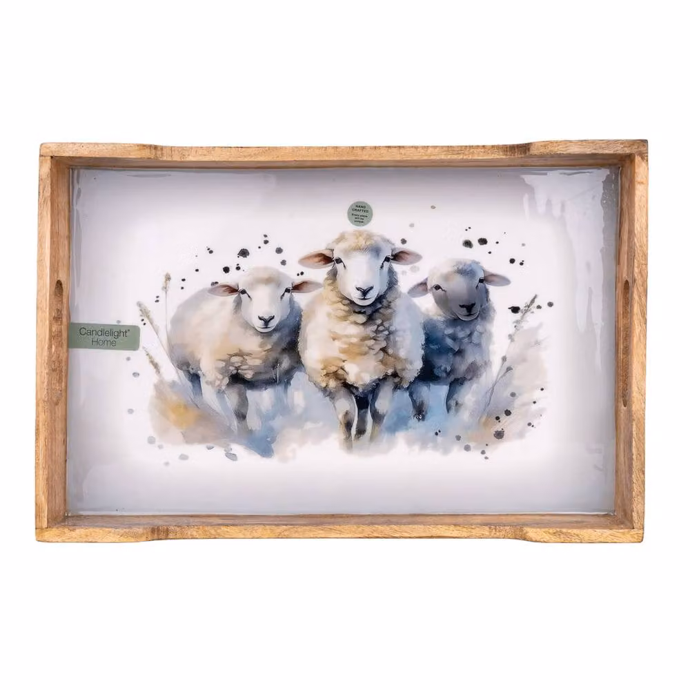 Madison & Mayfair Rectangular Wooden Sheep Motif Tray with Handles in Brown and White – 2