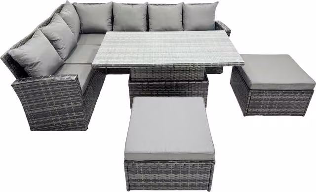 Fimous Poly Rattan L-Shape Corner Sofa Set in Dark Grey with Adjustable Coffee Table and 2 Ottomans