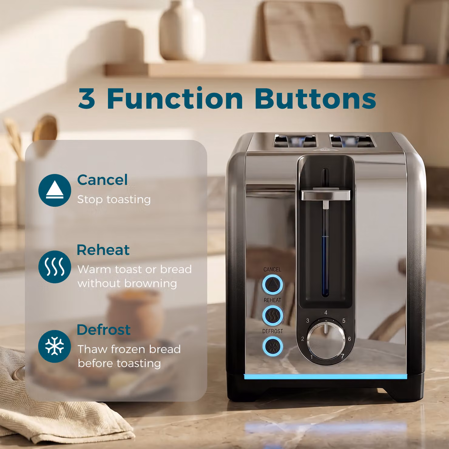 HOMCOM 2 Slice Stainless Steel Toaster in Silver with 7 Browning Levels, Reheat, Defrost and Cancel Functions – 5