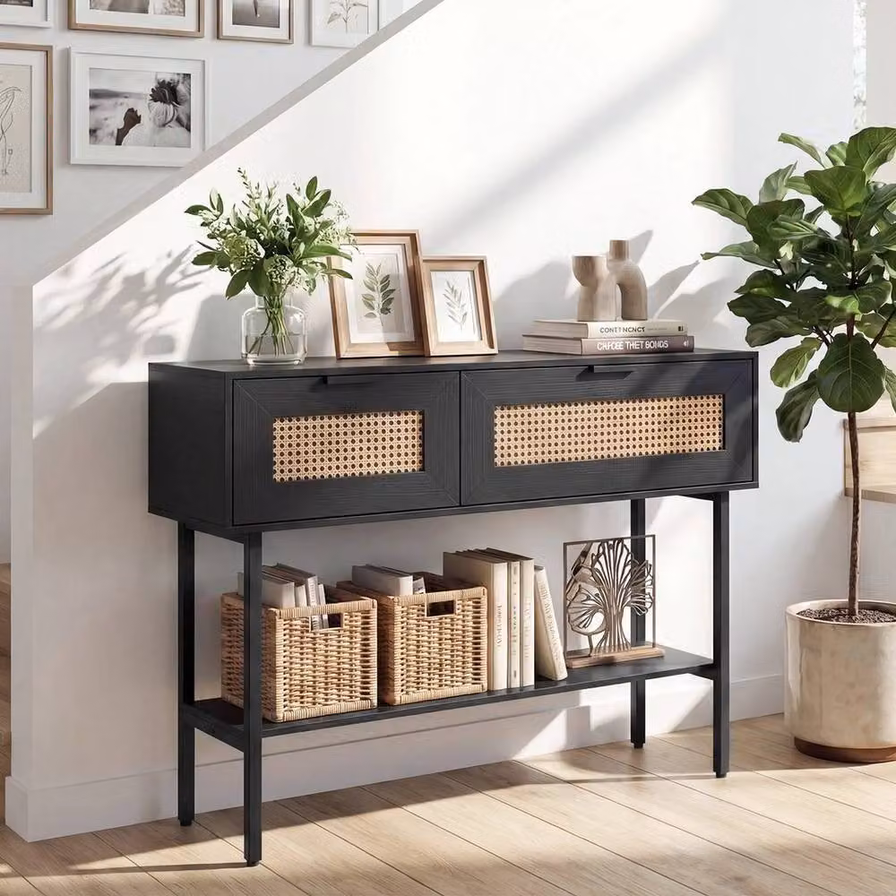 Kelvenix Black Rattan Boho Console Table – 3