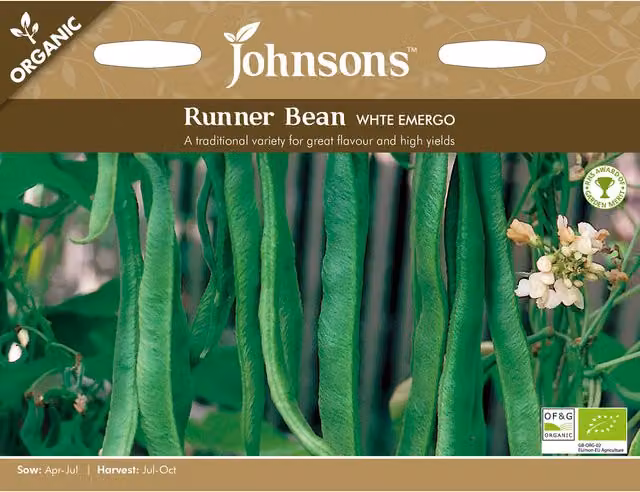 Johnsons White Emergo Organic Runner Bean Vegetable Seeds