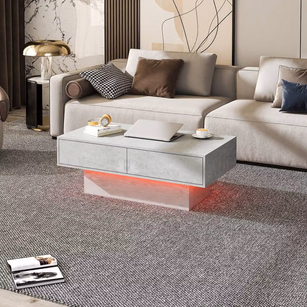 KEEPREAPER Modern Grey LED Coffee Table with 2-Tier Storage, W/D/H: 108 x 55 x 40 cm – 5