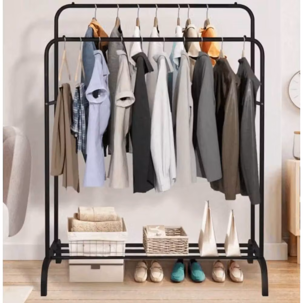 VOGREX Heavy Duty Double Metal Garment Rack with Shoe Storage in Black – 3