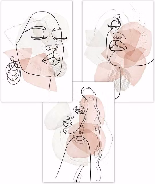 ARTZE Set of 3 Abstract Fashion Faces Boho Art Posters in Pink and Ivory, W: 50 cm x H: 70 cm