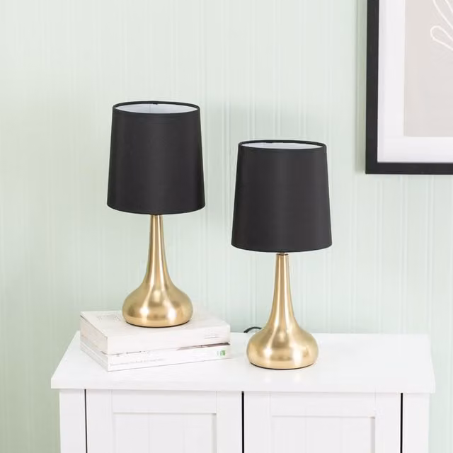 ValueLights Teardrop Pair of Gold and Black Touch Table Lamps with Fabric Shades