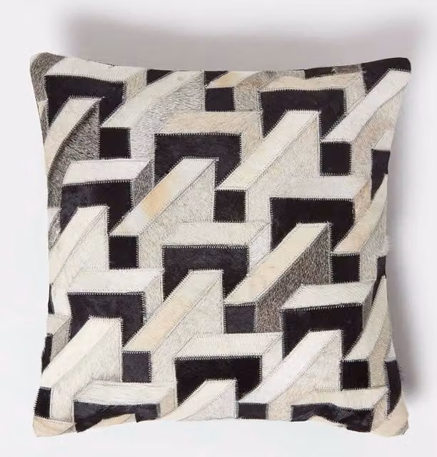 Homescapes Geometric Block Leather Cushion in Brown and Beige, W/D/H: 45 x 45 x 45 cm
