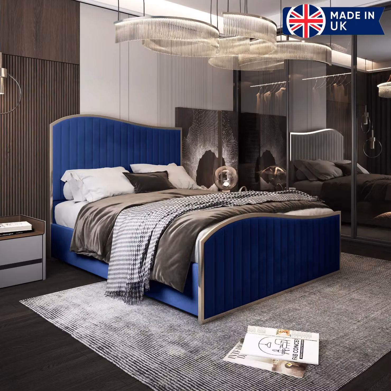 KDMD Darlington Blue Velvet and Metal Upholstered Designer Bed Frame, W/D/H: 120 x 200 x 137 cm – 2