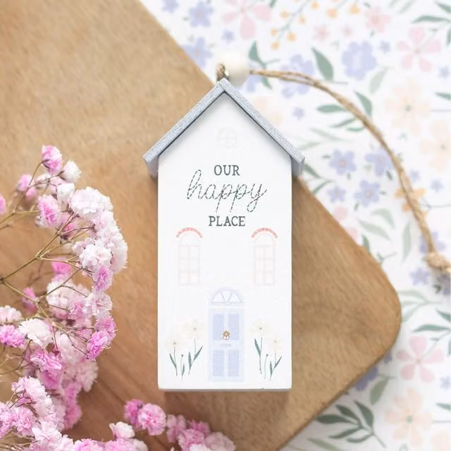 Kingsbury Gifts Our Happy Place Hanging House Decoration, White Floral Shabby Chic Wood Pendant